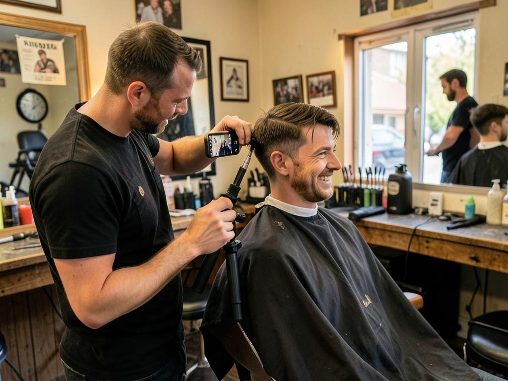Barbero grabando con el teléfono el resultado de un corte
