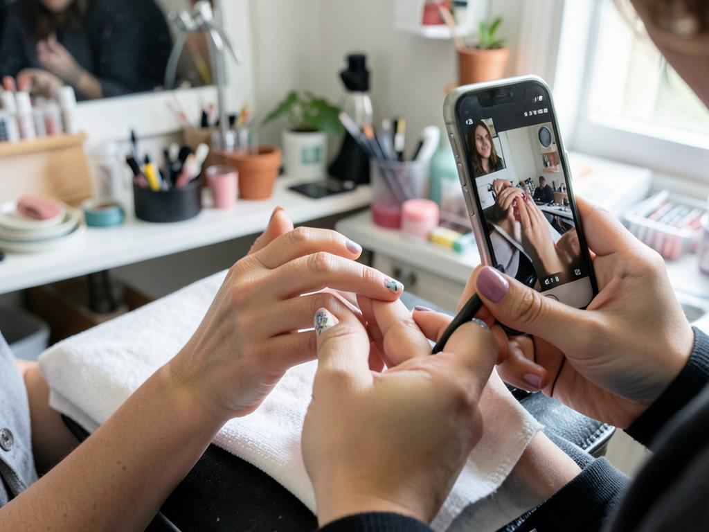 Manos con uñas recién terminadas mientras se fotografía el resultado