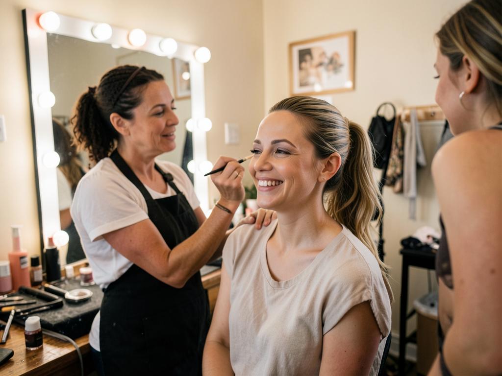 Maquilladora terminando un look natural a una clienta sonriente