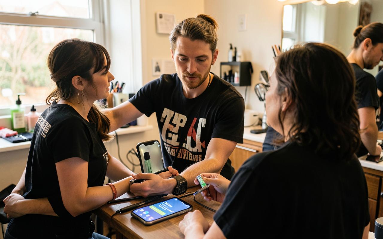 Profesional atendiendo mientras el teléfono muestra nuevos mensajes y citas