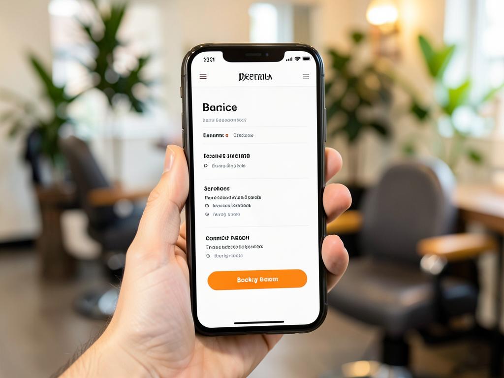 Teléfono con la página de un salón mostrando servicios y botón para reservar