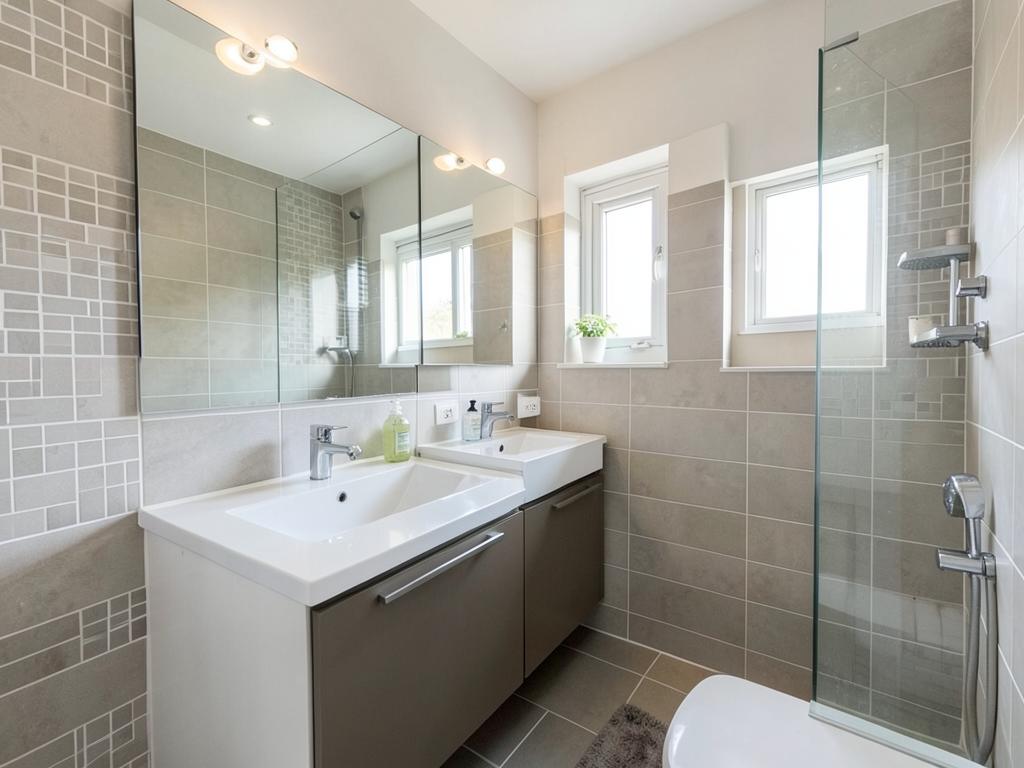 El mismo baño residencial remodelado con acabados nuevos