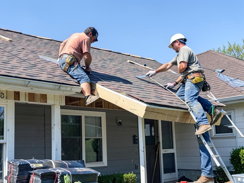 Trabajadores instalando tejas en el techo de una casa residencial