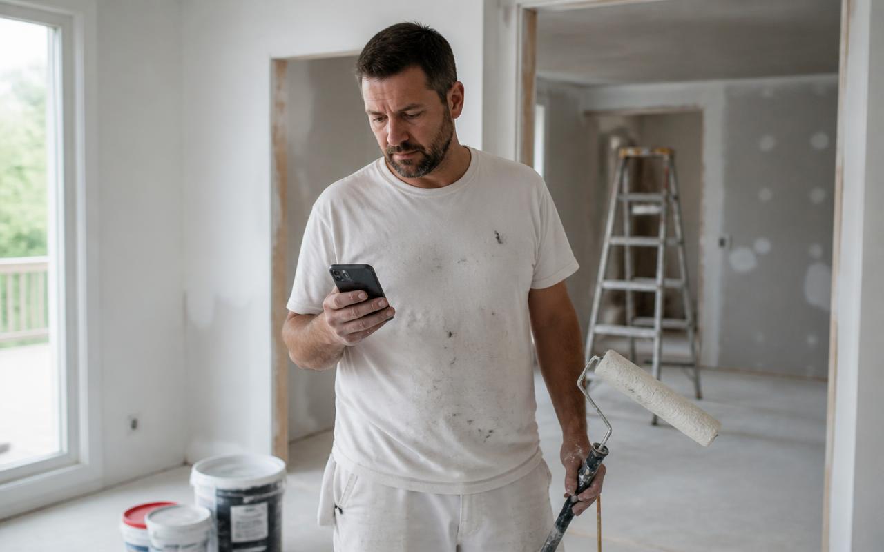 Contratista revisando su teléfono con una nueva solicitud mientras trabaja en una obra