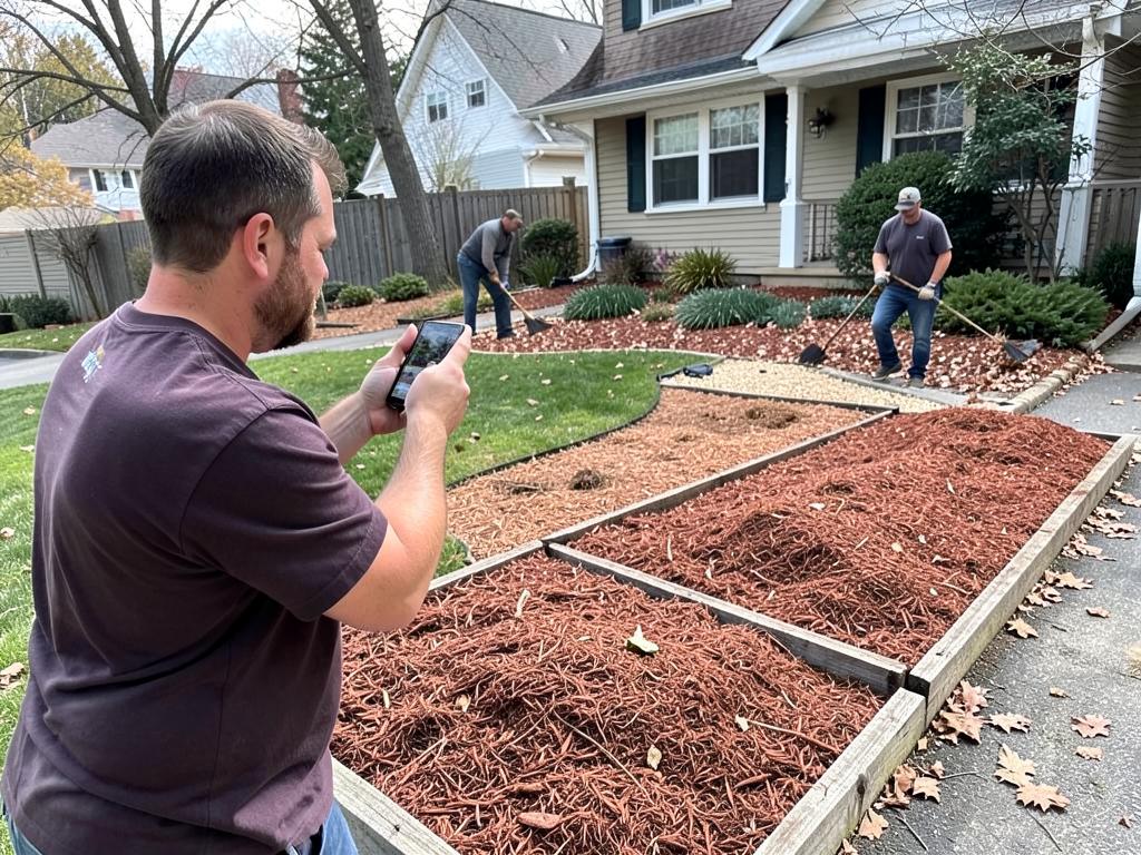 Trabajador grabando con su teléfono un jardín recién terminado con mulch y bordes limpios