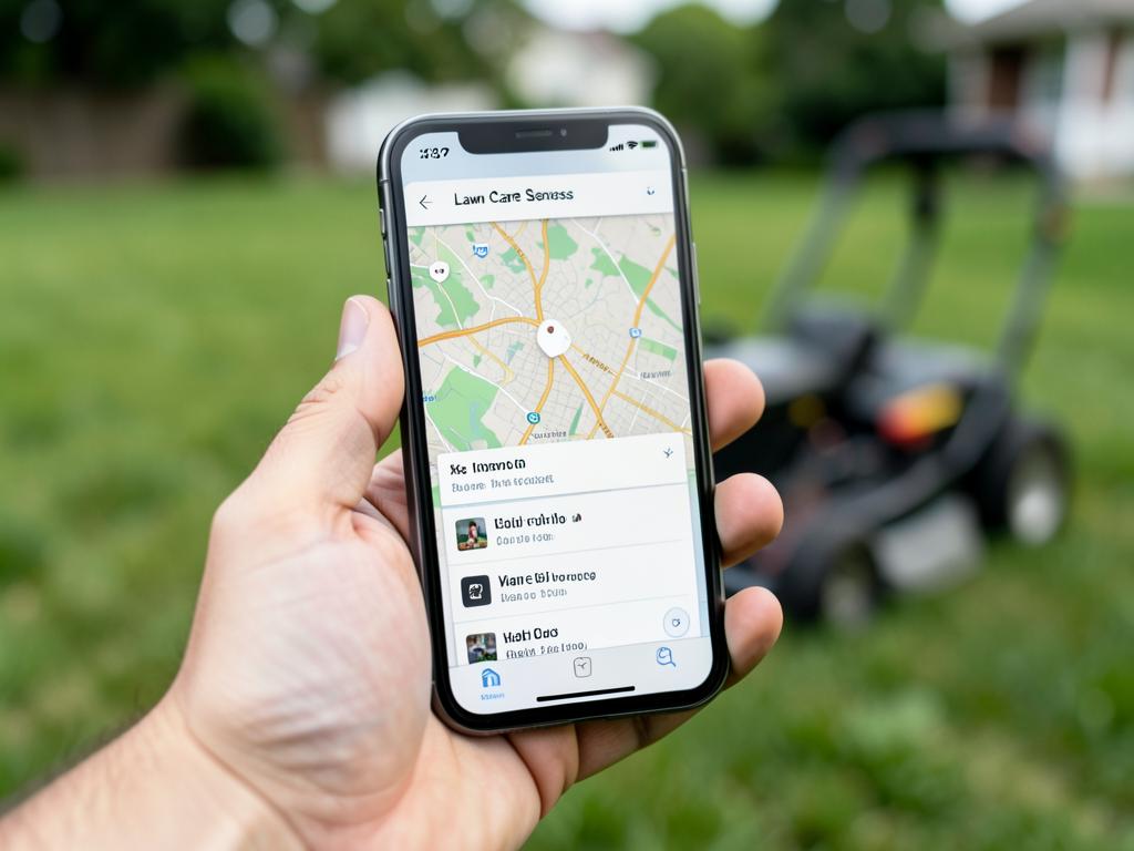 Teléfono mostrando una búsqueda local de servicios de jardinería junto a un jardín