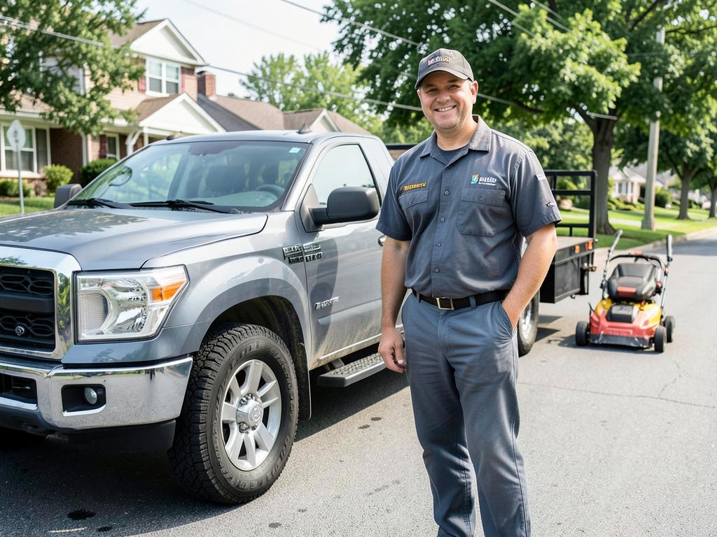 Trabajador de jardinería con uniforme junto a su camioneta y equipo de trabajo