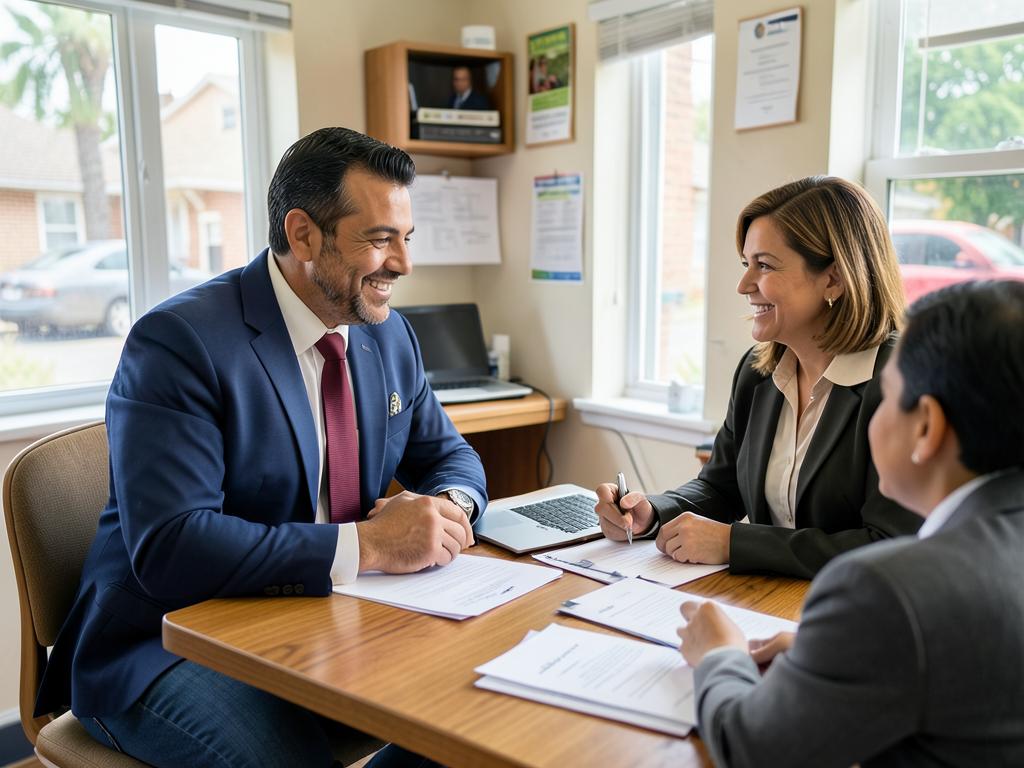 Profesionales atendiendo a un cliente en una oficina pequeña
