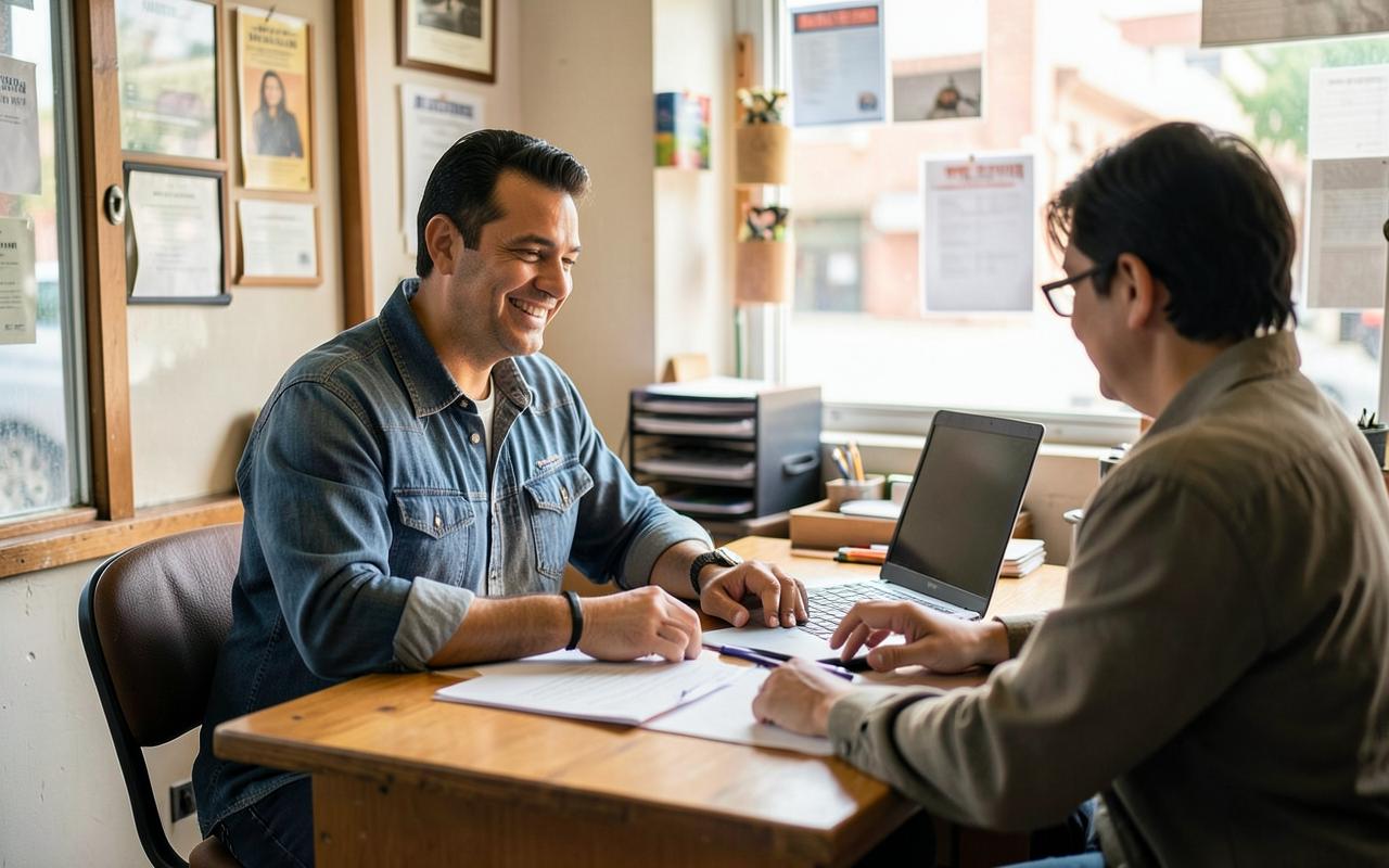 Profesional independiente atendiendo a un cliente en su oficina de barrio
