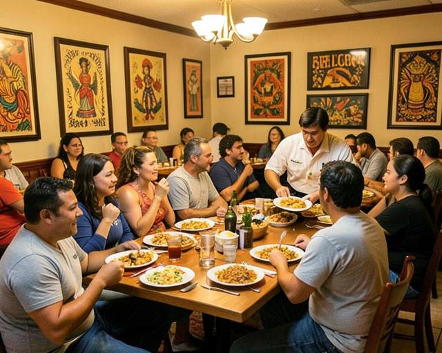 Salón cálido y concurrido con clientes disfrutando la cena