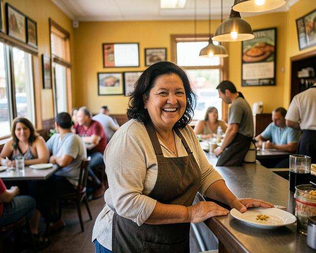Propietaria sonriendo mientras atiende su restaurante lleno de clientes