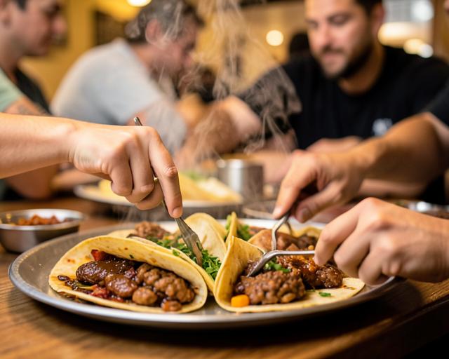 Familia y amigos disfrutando tacos recién servidos en un restaurante concurrido