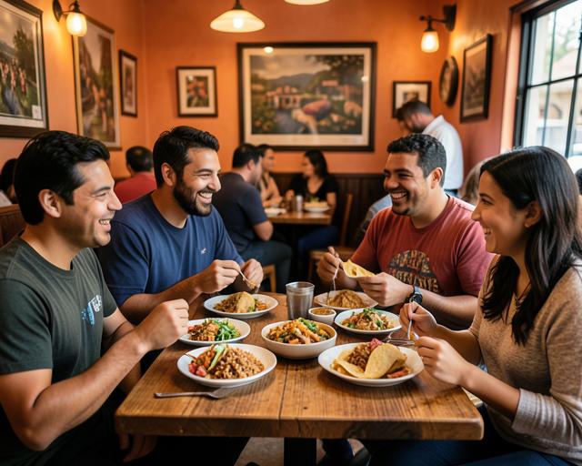 Grupo de amigos compartiendo pupusas y otros platos tradicionales en un restaurante familiar